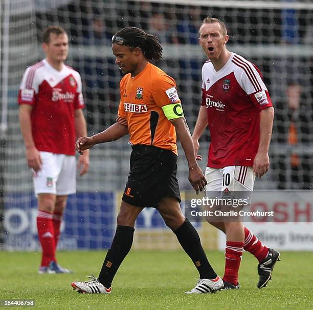 Wrexham's Brett Omerod calls after Barnet player manager Edgar Davids as he leaves the pitch having received a red card for elbowing Stephen Wright...