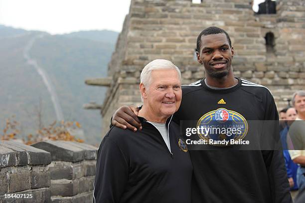 Jerry West and Dewayne Dedmon of the Golden State Warriors visits the Great Wall as part of 2013 Global Games on October 13, 2013 at the Great Wall...