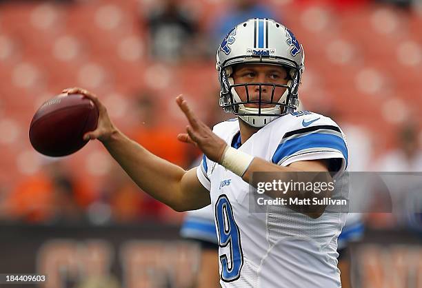Quarterback Matthew Stafford of the Detroit Lions warms up before their game against the Cleveland Browns at FirstEnergy Stadium on October 13, 2013...
