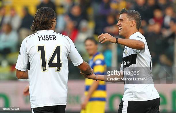 Hernan Crespo of Stelle Crociate celebrates his goal with team-mate Diego Fuser during the 100 Years Anniversary match between Stelle Crociate and US...