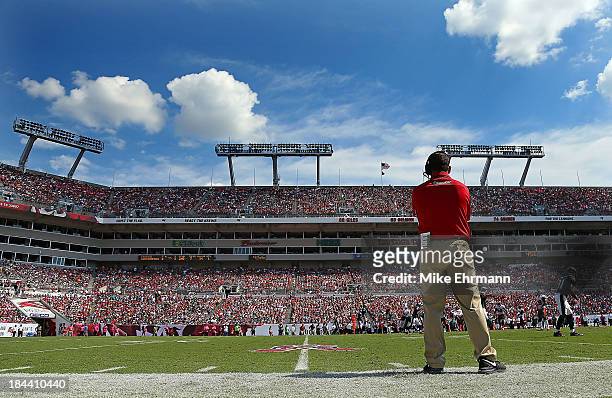 Tampa Bay Buccaneers head coach Greg Schiano looks on during a game against the Philadelphia Eagles at Raymond James Stadium on October 13, 2013 in...
