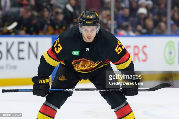 Teddy Blueger of the Vancouver Canucks waits for a face-off during the third period of their NHL game against the Minnesota Wild at Rogers Arena on...