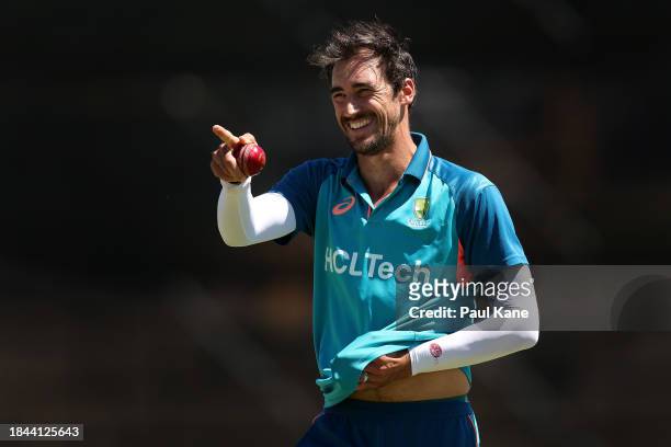 Mitchell Starc looks on during an Australian nets session the at the WACA on December 10, 2023 in Perth, Australia.