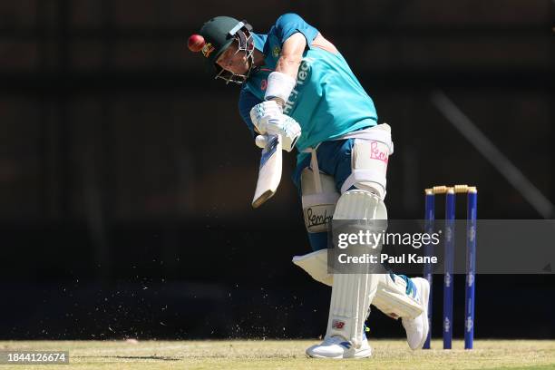 Steve Smith batduring an Australian nets session the at the WACA on December 10, 2023 in Perth, Australia.