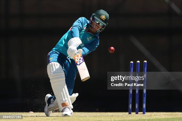 David Warner bats during an Australian nets session the at the WACA on December 10, 2023 in Perth, Australia.