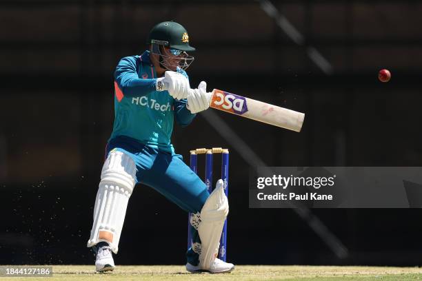 David Warner bats during an Australian nets session the at the WACA on December 10, 2023 in Perth, Australia.