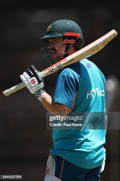 Travis Head looks on during an Australian nets session the at the WACA on December 10, 2023 in Perth, Australia.