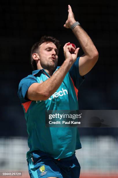 Mitch Marsh bowls during an Australian nets session the at the WACA on December 10, 2023 in Perth, Australia.