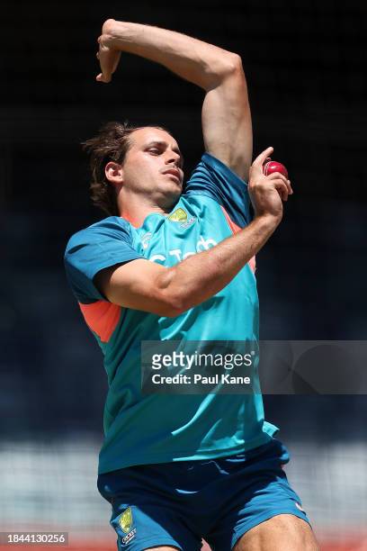 Lance Morris bowls during an Australian nets session the at the WACA on December 10, 2023 in Perth, Australia.