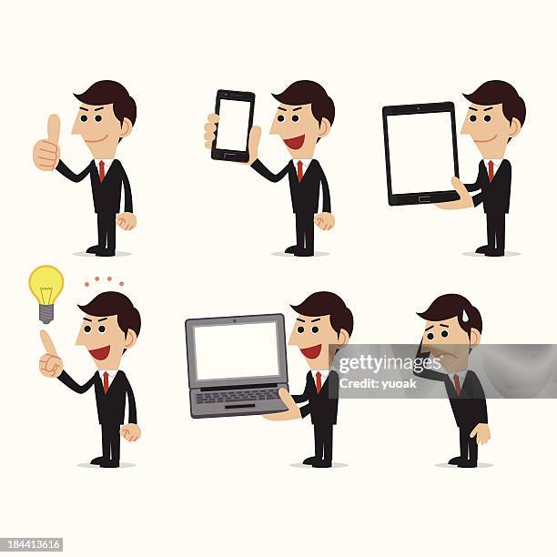 geschäftsmann set - guy in front of computer cartoon stock-grafiken, -clipart, -cartoons und -symbole