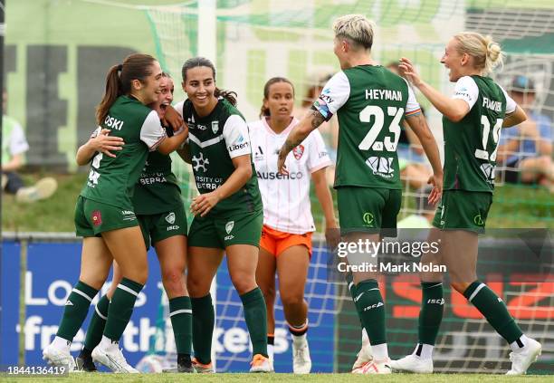 Canberra UNtied celebrate a goal by Sofia Christopherson during the A-League Women round seven match between Canberra United and Brisbane Roar at...