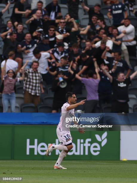 Bruno Fornaroli of Victory celebrates scoring a goal during the A-League Men round seven match between Western Sydney Wanderers and Melbourne Victory...