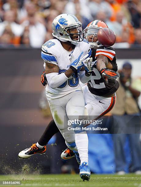 Defensive back Buster Skrine of the Cleveland Browns breaks up a pass to wide receiver Patrick Edwards the Detroit Lions at FirstEnergy Stadium on...