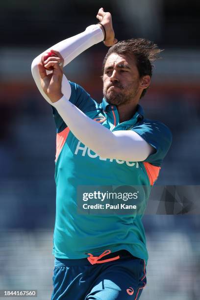 Mitchell Starc bowls during an Australian nets session the at the WACA on December 10, 2023 in Perth, Australia.