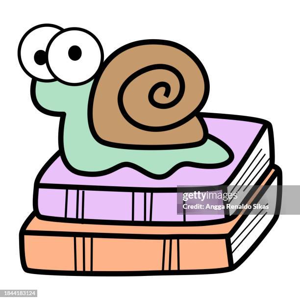 funny snail crawling on stack of books cartoon illustration - crawling stock illustrations