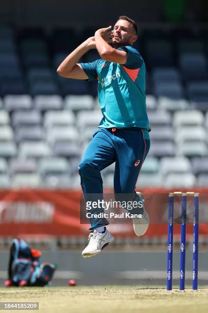 Josh Hazlewood bowls during an Australian nets session the at the WACA on December 10, 2023 in Perth, Australia.