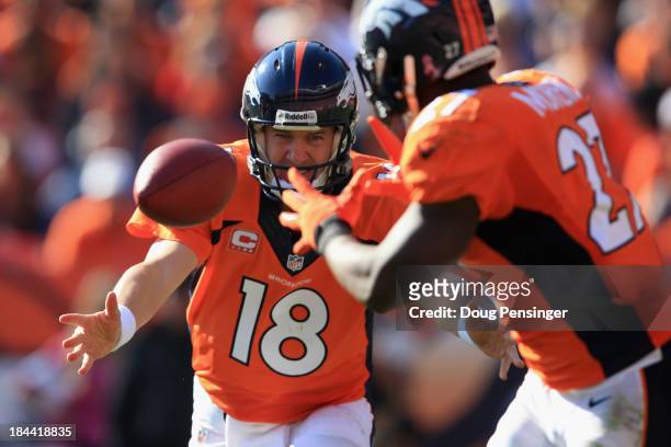 Quarterback Peyton Manning of the Denver Broncos tosses the ball to running back Knowshon Moreno of the Denver Broncos against the Jacksonville...