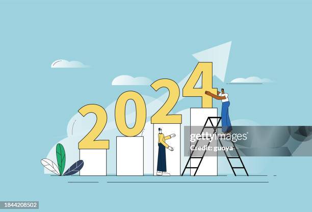 data column, rising arrow symbol, ladder, white collar, 2024. economic upswing in 2024. - challenge coin stock illustrations