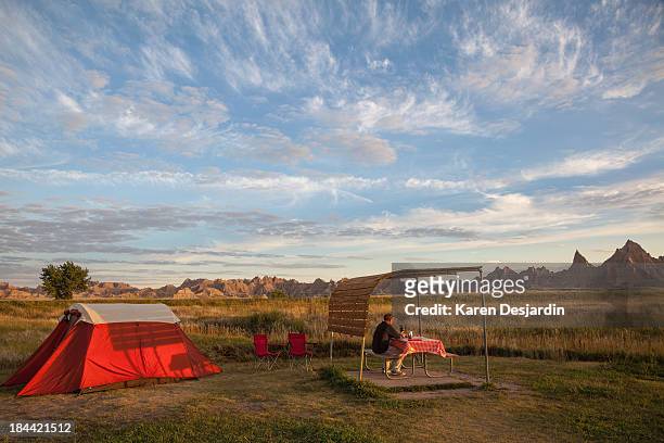 morning at campsite - badlands national park stock pictures, royalty-free photos & images
