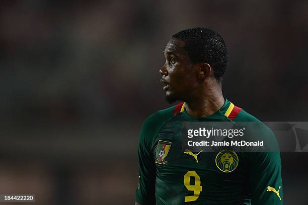 Samuel Etoo of Cameroon in action during the FIFA 2014 World Cup qualifier at the Stade Olympique de Radès on October 13, 2013 in Rades, Tunisia.