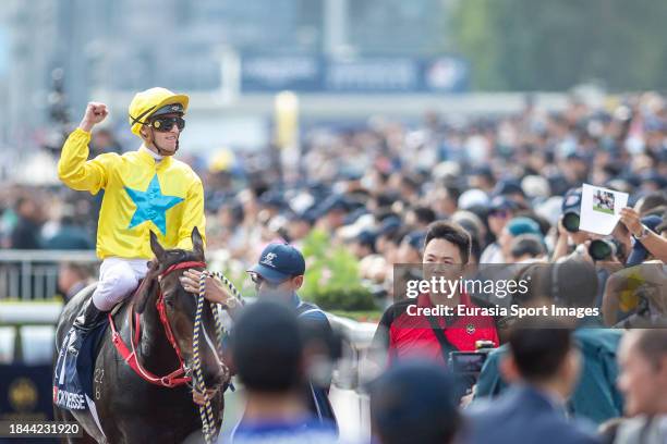 Jockey Zac Purton riding Lucky Sweynesse celebrates winning the LONGINES Hong Kong Sprint of the LONGINES Hong Kong International Races at Sha Tin...