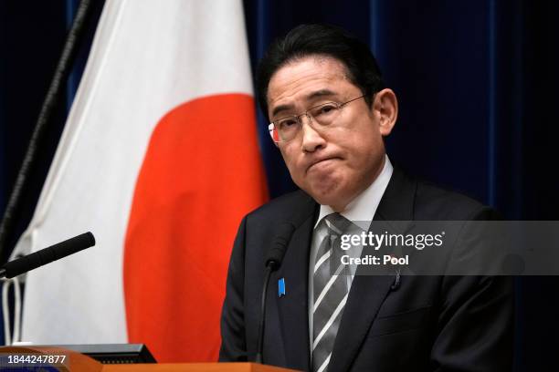 Japanese Prime Minister Fumio Kishida speaks during a press conference at the Prime Minister's Office on December 13, 2023 in Tokyo, Japan. Prime...