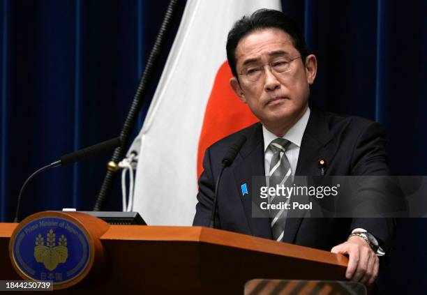 Japanese Prime Minister Fumio Kishida speaks during a press conference at the Prime Minister's Office on December 13, 2023 in Tokyo, Japan. Prime...