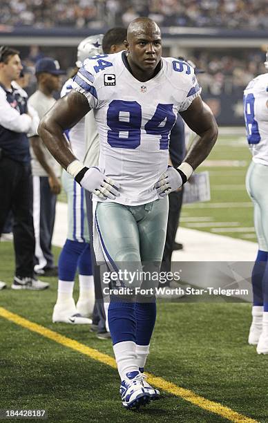 Dallas Cowboys defensive end DeMarcus Ware on the sidelines after an injury in a game against the Washington Redskins at AT&T Stadium in Arlington,...