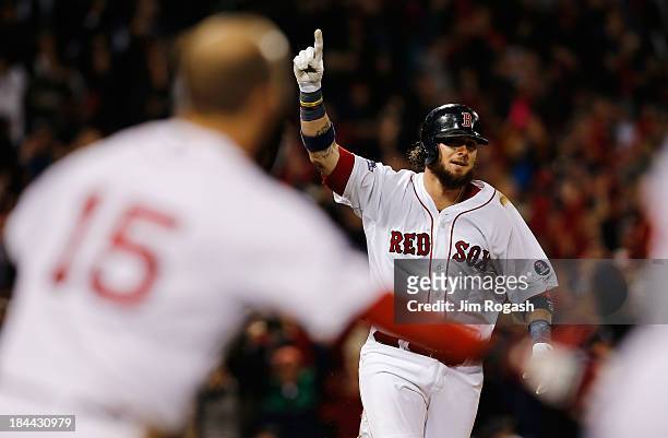 Jarrod Saltalamacchia of the Boston Red Sox reacts after hitting a game-winning single against the Detroit Tigers, to win 6-5 in Game Two of the...