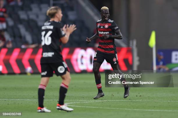 Valentino Yuel of the Wanderers reacts after scoring a goal during the A-League Men round seven match between Western Sydney Wanderers and Melbourne...