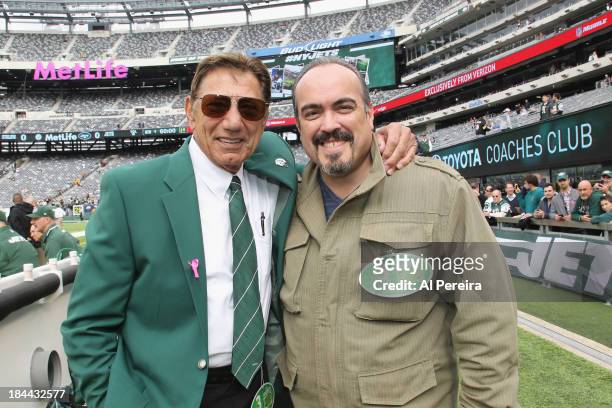 Joe Namath and actor David Zayas attend the Pittsburgh Steelers vs New York Jets game at MetLife Stadium on October 13, 2013 in East Rutherford, New...