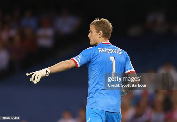 Heart goalkeeper Andrew Redmayne gestures during the round one A-League match between the Melbourne Victory and the Melbourne Heart at Etihad Stadium...