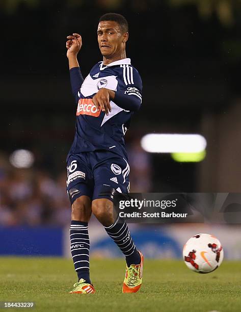 Rashid Mahazi of the Victory passes the ball during the round one A-League match between the Melbourne Victory and the Melbourne Heart at Etihad...