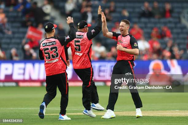Tom Rogers of the Renegades celebrates the dismissal of Stephen Eskinazi of the Scorchers during the BBL match between Melbourne Renegades and Perth...