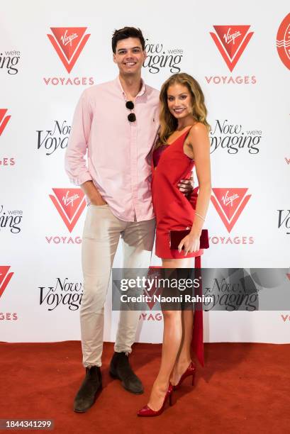 Sam Alabakis and Moraya Wilson attend the launch of Virgin Voyages' Resilient Lady on December 10, 2023 in Melbourne, Australia.