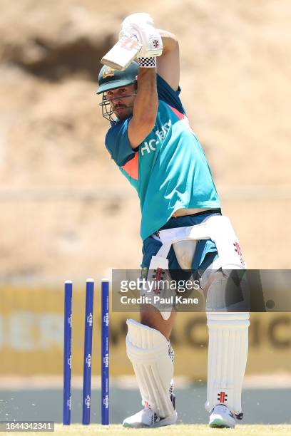 Mitch Marsh bats during an Australian nets session the at the WACA on December 10, 2023 in Perth, Australia.