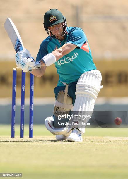 Steve Smith bats during an Australian nets session the at the WACA on December 10, 2023 in Perth, Australia.