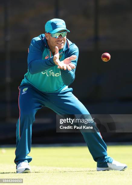 David Warner in action during an Australian nets session the at the WACA on December 10, 2023 in Perth, Australia.