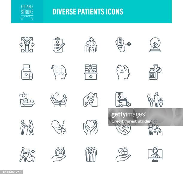 ilustraciones, imágenes clip art, dibujos animados e iconos de stock de iconos de pacientes diversos ictus editables - vivienda con asistencia