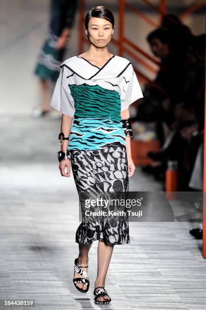 Model showcases designs on the runway during the Missoni show as part of Mercedes Benz Fashion Week Tokyo S/S 2014 at Hikarie Hall A of Shibuya...