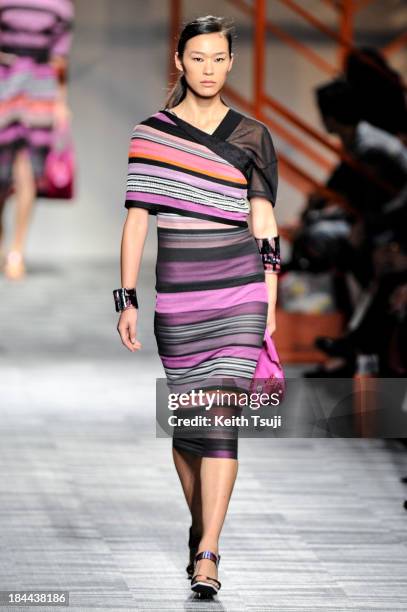 Model showcases designs on the runway during the Missoni show as part of Mercedes Benz Fashion Week Tokyo S/S 2014 at Hikarie Hall A of Shibuya...