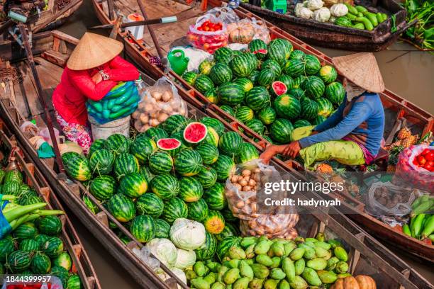 vietnamese women selling fruits on floating market, mekong river delta, vietnam - floating market stockfoto's en -beelden