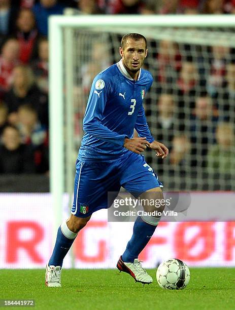 Giorgio Chiellini of Italy in action during the FIFA 2014 world cup qualifier between Denmark and Italy on October 11, 2013 in Copenhagen, Denmark.