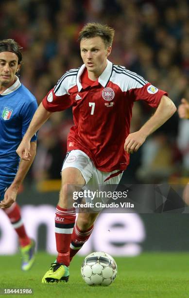 William Kvist Jorgensen of Denmark in action during the FIFA 2014 world cup qualifier between Denmark and Italy at Parken Stadium on October 11, 2013...