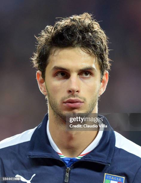 Andrea Ranocchia of Italy looks on prior to the FIFA 2014 world cup qualifier between Denmark and Italy at Parken Stadium on October 11, 2013 in...