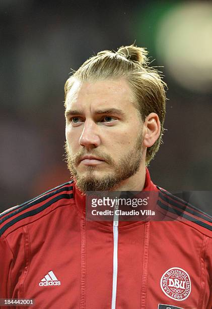 Nicklas Bendtner of Denmark looks on prior to the FIFA 2014 world cup qualifier between Denmark and Italy at Parken Stadium on October 11, 2013 in...