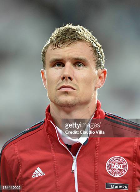 Andreas Bjelland of Denmark looks on prior to the FIFA 2014 world cup qualifier between Denmark and Italy at Parken Stadium on October 11, 2013 in...