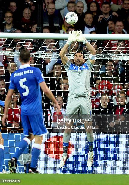 Gianluigi Buffon of Italy in action during the FIFA 2014 world cup qualifier between Denmark and Italy on October 11, 2013 in Copenhagen, Denmark.