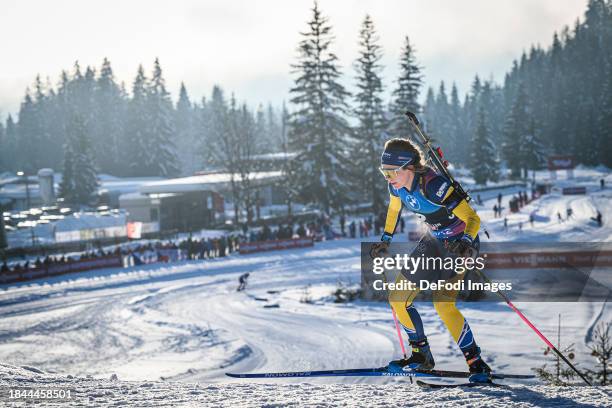 Elvira Oeberg of Sweden competes during the Women 10 km Pursuit at the BMW IBU World Cup Biathlon Hochfilzen on December 9, 2023 in Hochfilzen,...