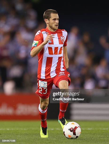 Mate Dugandzic of the Heart controls the ball during the round one A-League match between the Melbourne Victory and the Melbourne Heart at Etihad...